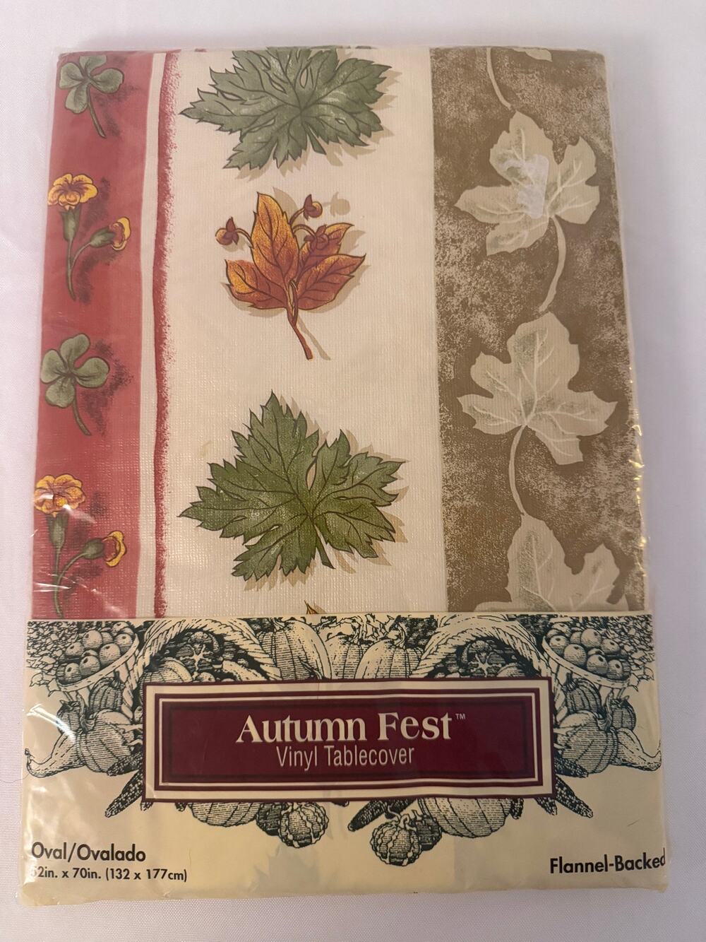 Vintage Kmart Autumn Fest Vinyl Tablecloth 52x70 Oval Fall Leaves NIP